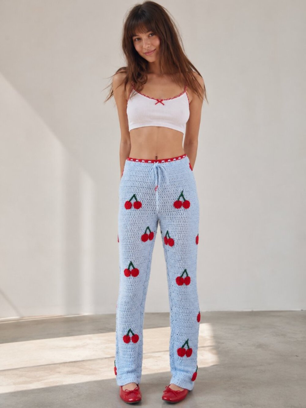 Handmade Crochet Cherry Pants Light Blue Red Coquette Y2K Straight Leg Statement